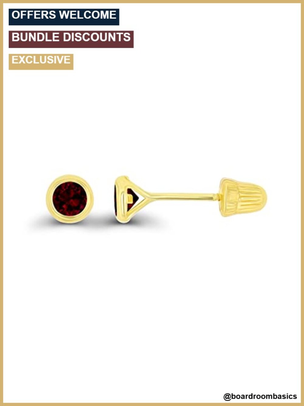 14K Solid Gold Garnet Bezel Screw Back Stud Earrings 3mm